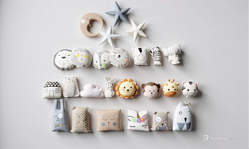 Cute Animal Shaped Decorative Cushions With Star Moon And Various Animal Designs 3d model 