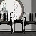 Chinese Style Leisure Chairs With Black Frames Light Cushions Round Decorative Painting And Small Table