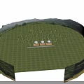 Camping Site with White Conical Tents Palm Trees Wooden Platforms Green Grass and Mountain Views