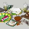 Traditional Asian Food Platter With Leaf Wrapped Parcels Pancakes Beverages And Steamed Pastries