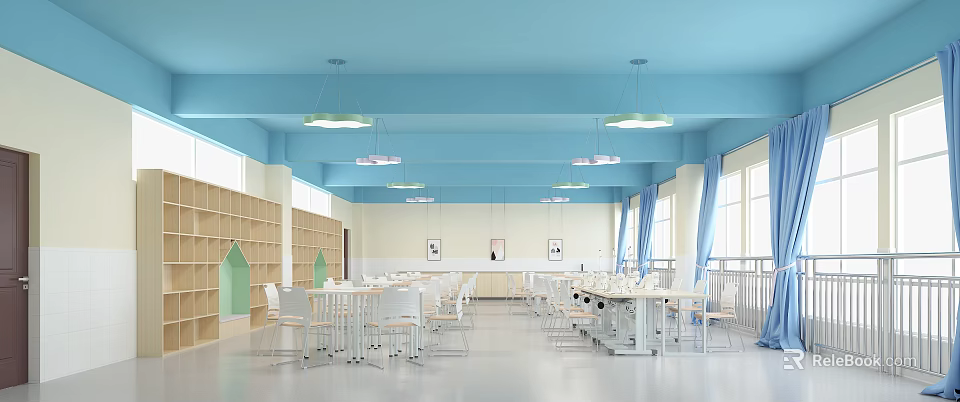 Modern Laboratory Interior With Light Blue Ceiling Pendant Lights Bookshelves And Tables Chairs 3d model 
