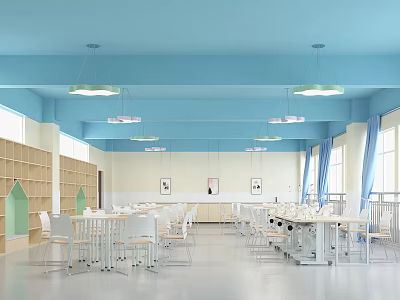 Modern Laboratory Interior With Light Blue Ceiling Pendant Lights Bookshelves And Tables Chairs 3d model