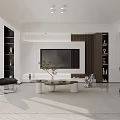 Modern Living And Dining Room Interior With Sofa Coffee Tables Decorative Painting Floor Lamp And Plants