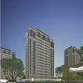 High rise modern residential building with exterior design surrounding green trees and blue sky