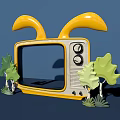 Vintage Yellow TV Photo Spot with Rabbit Ears Green Trees and Blue Background
