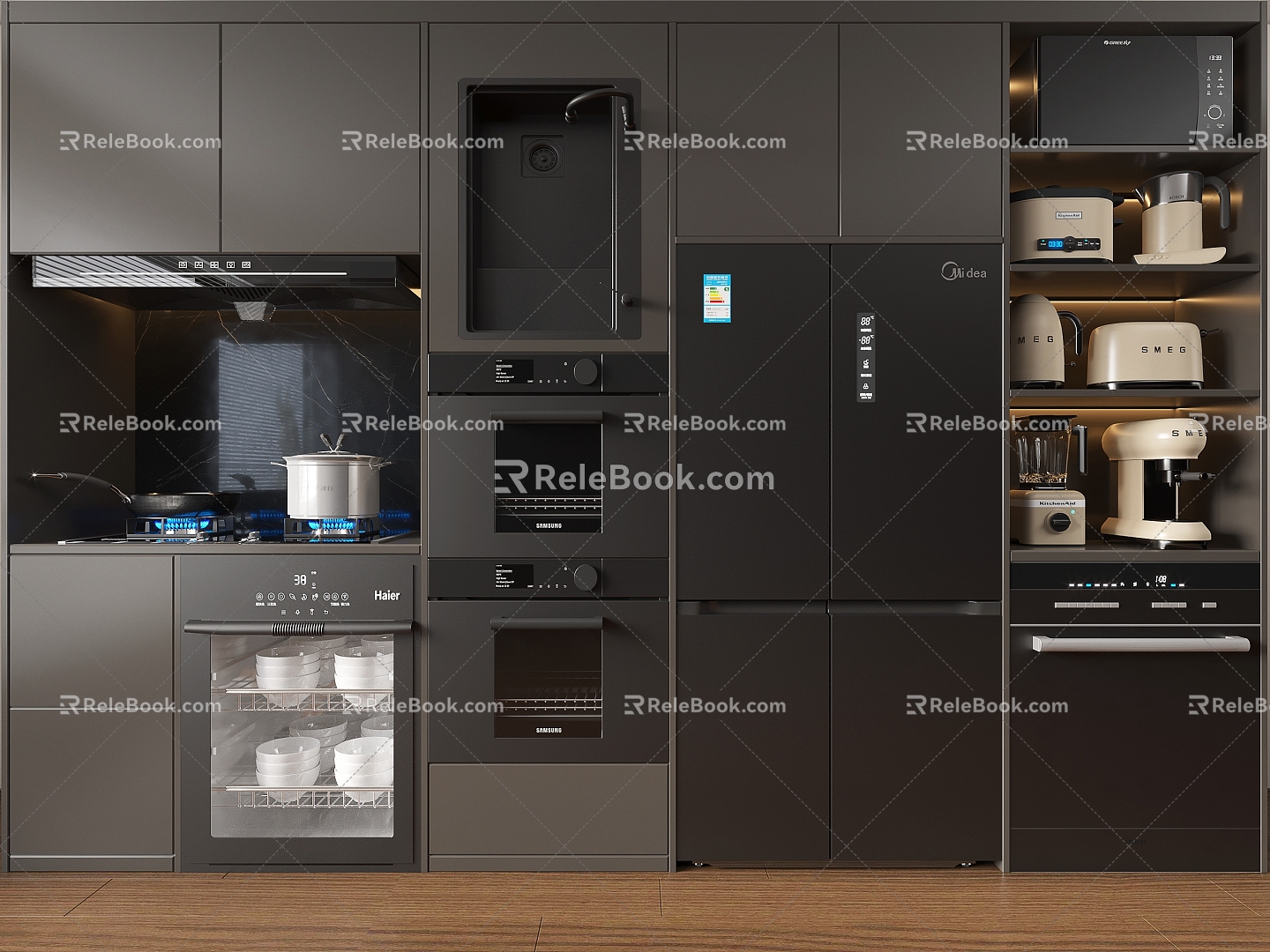 Kitchen Appliances Refrigerator Steam Oven Dishwasher Range Hood Washing Pool Coffee Maker 3d model