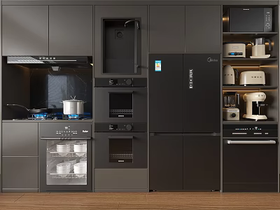 Modern Kitchen Design With Integrated Appliances Stove Oven Refrigerator Microwave And Cabinets 3d model