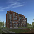 Modern Townhouse Exterior With Red Gray Facade Landscaped Garden Trees And Streetlights