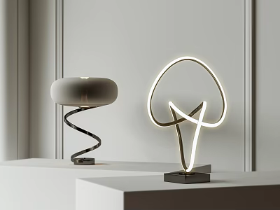Modern Table Lamps With Spiral Base Round Shade Neon Abstract Curved Design On White Table 3d model