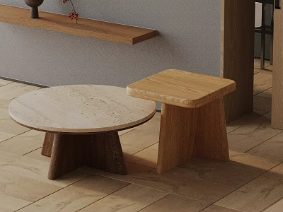 Natural Sofa and Coffee Table Set with Round Stone Top and Wooden Star Shaped Base 3d model