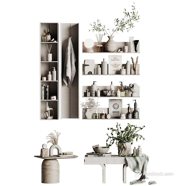 Daily Washing Products Organized Shelf Display With Bottles Jars Towels And Potted Plants 3d model 