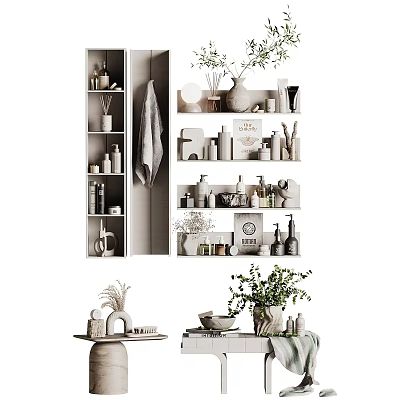 Daily Washing Products Organized Shelf Display With Bottles Jars Towels And Potted Plants 3d model