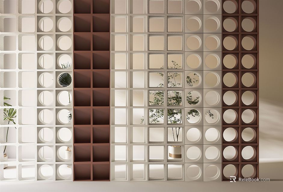 Modern Room Divider With White And Brown Panels Circular Square Cutouts And Indoor Plants 3d model 