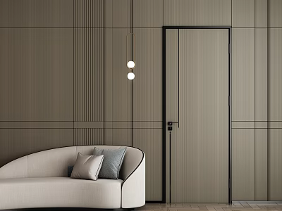Hinged Door In Modern Interior With Light Brown Wooden Wall Beige Sofa And Pendant Lights 3d model