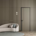 Hinged Door In Modern Interior With Light Brown Wooden Wall Beige Sofa And Pendant Lights