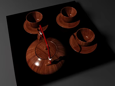 Elegant Wooden Tea Set With Red Handle Teapot Teacups And Saucers On Black Tray 3d model