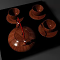 Elegant Wooden Tea Set With Red Handle Teapot Teacups And Saucers On Black Tray