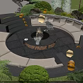Round Outdoor Sofa With Central Fire Pit In Lush Garden Patio Setting