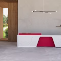 Modern Minimalist Reception Desk With Marble Countertop Wooden Wall And Hanging Lighting Fixture