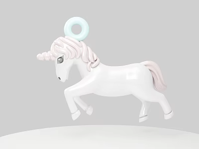 White Unicorn Doll with Pink Mane Tail Light Blue Ring on Head in Jumping Pose 3d model
