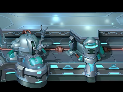 Cartoon Robots In Futuristic Tech Scene With Metallic Structures And Glowing Elements 3d model
