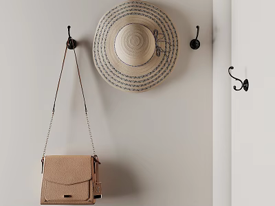 Wall Hooks With Hanging Straw Hat And Leather Bag In Home Entryway 3d model