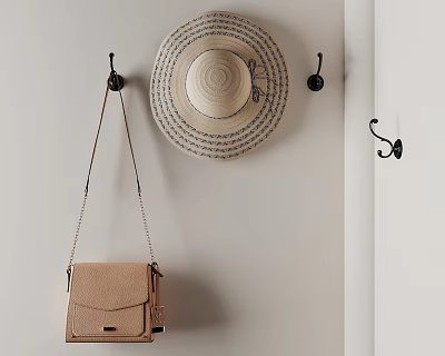Wall Hooks With Hanging Straw Hat And Leather Bag In Home Entryway 3d model