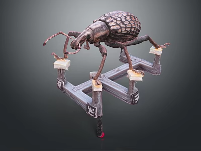 Metallic Beetle With Scaly Textured Exoskeleton Standing On Wooden Platform Structure 3d model