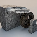 Ancient Stone Mechanical Device with Wooden Wheel Stone Structure and Metal Components