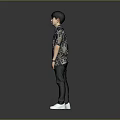 A Man In Patterned Shirt Black Pants And White Shoes Standing Against Gray Background 3d model