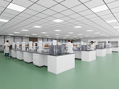 Modern Laboratory Interior With Laboratory Benches Research Equipment And Researchers In White Coats 3d model