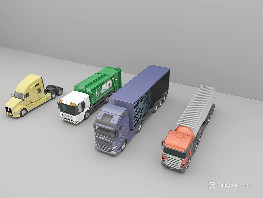 Various Types of Model Trucks in Different Colors with Trailer Designs 3d model 
