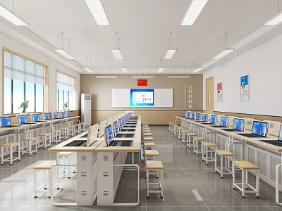 School Computer Classroom With Neatly Arranged Desks With Computers Large Screen Whiteboard And Bright Windows 3d model