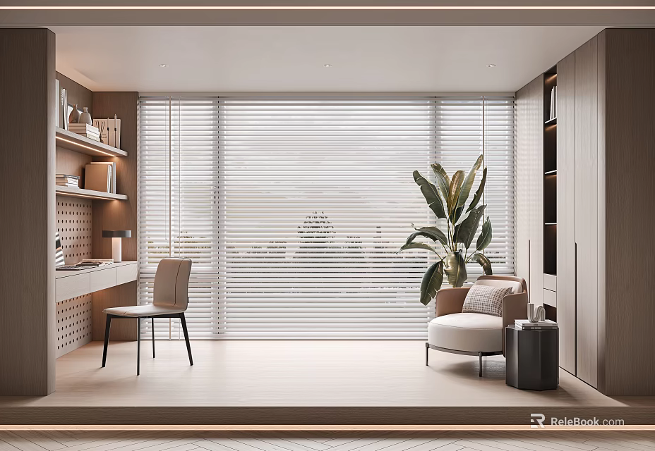 Modern Interior With Window Blinds Comfortable Armchair Green Plant And Wooden Cabinet 3d model 