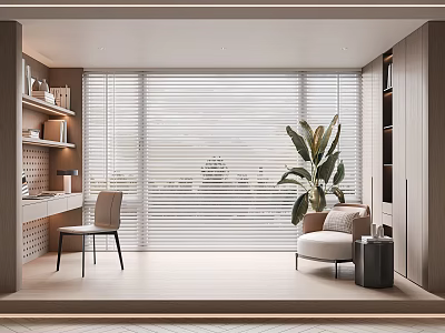 Modern Interior With Window Blinds Comfortable Armchair Green Plant And Wooden Cabinet 3d model
