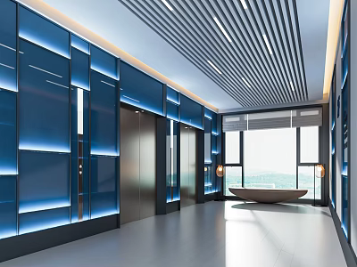 Modern Elevator Hallway With Blue Paneled Walls Recessed Lighting And Large Windows 3d model