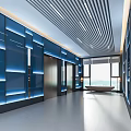 Modern Elevator Hallway With Blue Paneled Walls Recessed Lighting And Large Windows