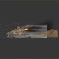 Yellow Off Road Vehicle Driving On Gravel Terrain Kicking Up Dust With Flames