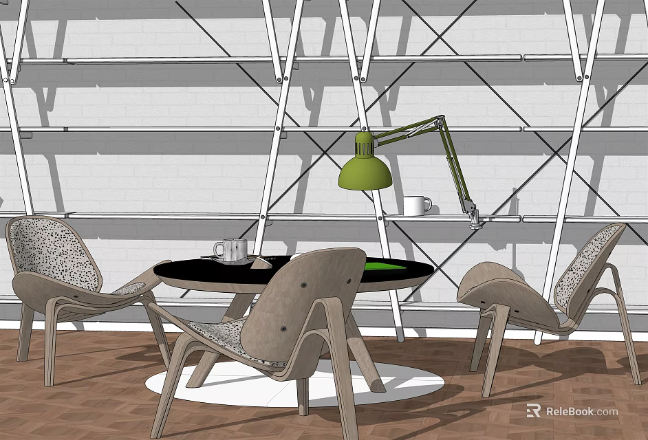 Modern Round Black Table with Woven Chairs and Green Desk Lamp in White Shelf Setting 3d model 