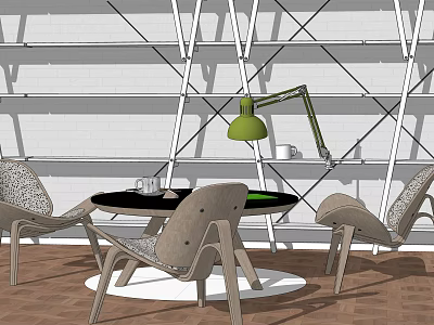 Modern Round Black Table with Woven Chairs and Green Desk Lamp in White Shelf Setting 3d model