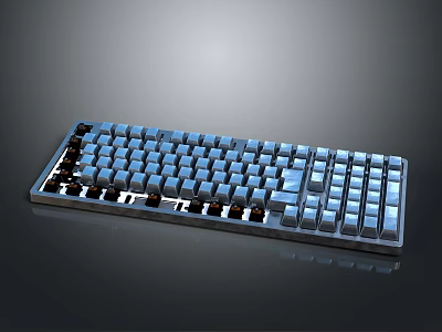 Modern Mechanical Keyboard featuring Blue Keycaps Exposed Switches Black Base and Shiny Finish 3d model