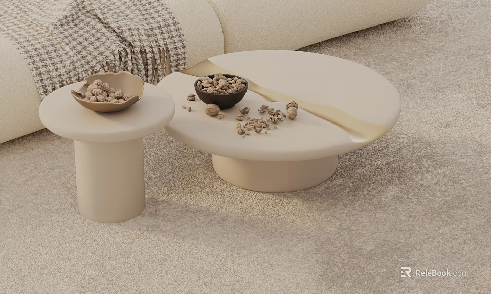 Elegant Modern Round Coffee Tables In Living Room With Decorative Bowls And Pebbles 3d model 