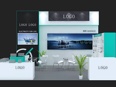 Corporate Exhibition Hall Featuring Brand Logos Electricity for Life Display Booths Tables and Plants 3d model