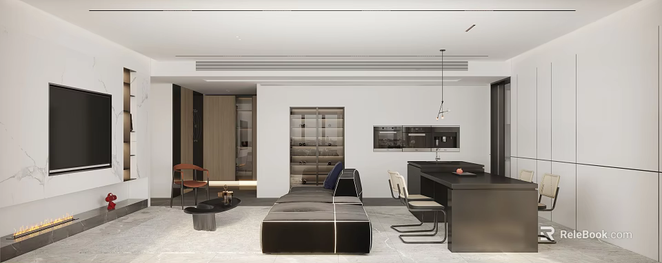 Modern Living Dining Room Interior With Sofa Dining Table And Pendant Light 3d model