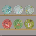 Colorful Kids Plates with Cartoon Animal Patterns on Wooden Shelves for Kitchen