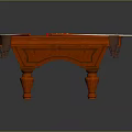 Red Wooden Billiard Table with Colored Balls Triangle Racks White Cue Ball and Pool Cues