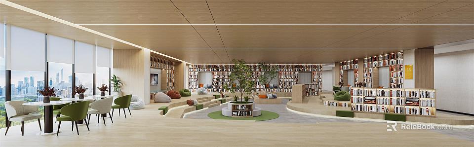 Book Art Interior Design With Spacious Bookshelves Cozy Sofas Green Plants And Wooden Elements 3d model 