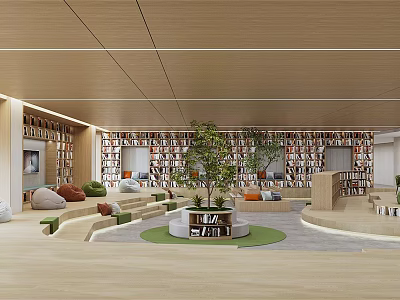 Book Art Interior Design With Spacious Bookshelves Cozy Sofas Green Plants And Wooden Elements 3d model