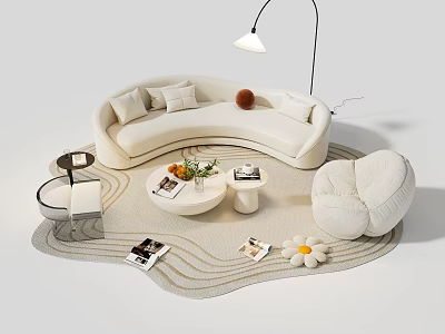 Modern White Curved Sofa and Coffee Table Set with Soft Rug Magazines and Floor Lamp 3d model