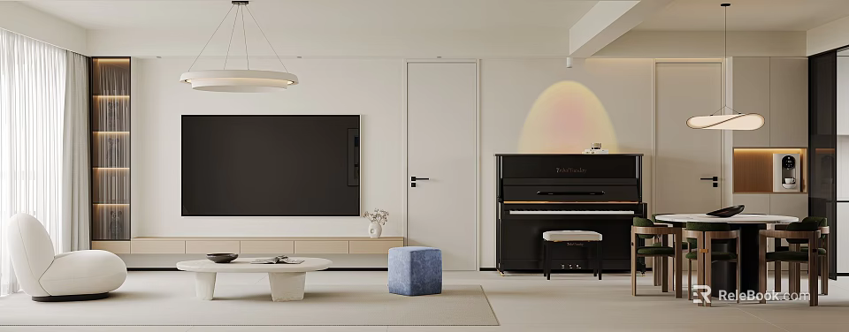 Modern Living Dining Room Interior With TV Piano Sofa And Coffee Table 3d model 